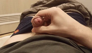 Guy in Shorts and Underpants, Jerking off His Cock in the Bathroom