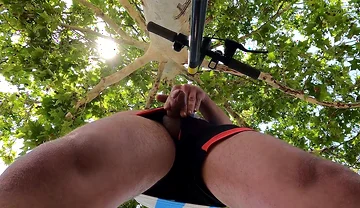 Bulging Young Man Moans with Pleasure in Park Jerking off a Summer Handjob