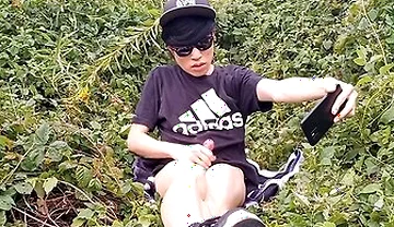 Cute French-asian Gay Twink Jerks Off His Shaved Cock Outside Cums Thick Cum Sticking To His Fingers