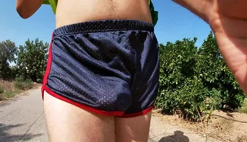 So Hot! Running with My Erect Cock Out Wearing Shiny See Thru Cock Sport Shorts