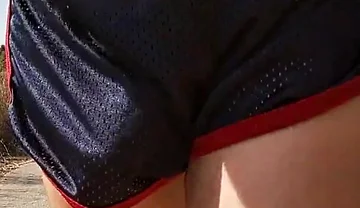 So Hot! Running with My Erect Cock Out Wearing Shiny See Thru Cock Sport Shorts
