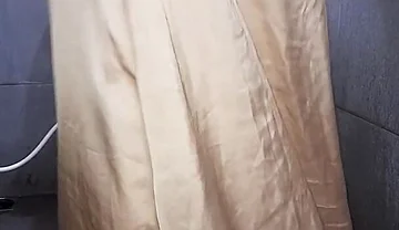 Long Gold Satin Dress Masturbation Cum