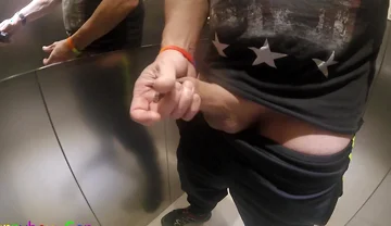 With Thick Balls, in Elevator with a Mirror, I Riskily Masturbate My Big Penis and Squirt My Cum Onto the Floor.