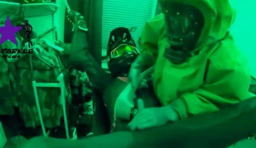 Hazmat gear boys fucking biker in sling