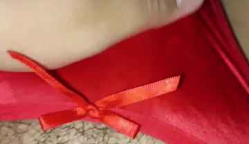 Wife's Sexy Red Thong Full of Cum!