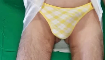 Yellow Plaid Thong and Satin White Nightgown