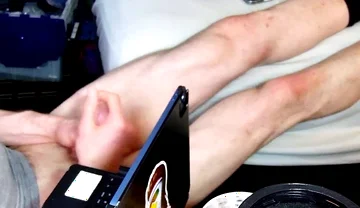 Jerk off with Feet on Bed with Socks Pulled to Calves as I Bust Grunting Hard in Chair