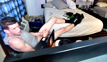 Jerk off with Feet on Bed with Socks Pulled to Calves as I Bust Grunting Hard in Chair