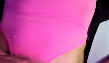 Crossdresser Michelle Wearing Pink Bodysuit While Playing with Cock