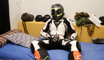 Leather biker cuming in gear