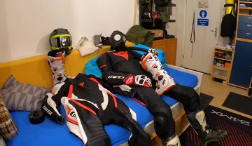 Wanking in biker suit cum