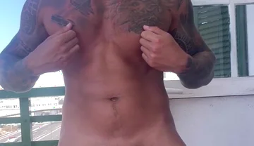 My Big Cock Cums in the Terrace with Nipples Play