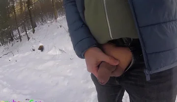 I Hike Through a Dreamy, Snowy Forest in Winter and Masturbate My Cock with a Ring Around It.