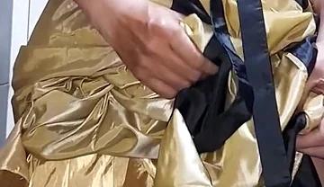 Gold Satin Silk Longdress Evening Gown Masturbation