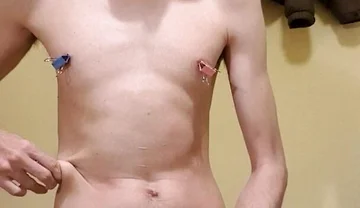 Eat your cum, slave! With binder clips