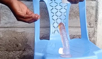 Big Black Ass Bottom Riding His Dildo Outside