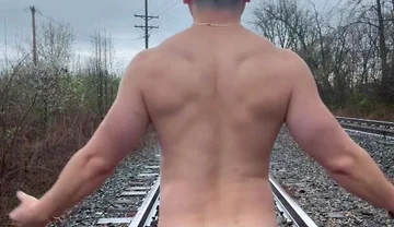 Rain-soaked Railroad Exhibition Muscular Asian Hunk Strips, Flexes, Cums Hard & Marks His Territory