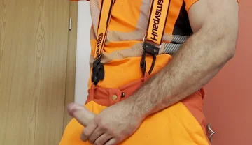 Lumberjack in Hivis Jerks His Huge Cock and Muscle Worship