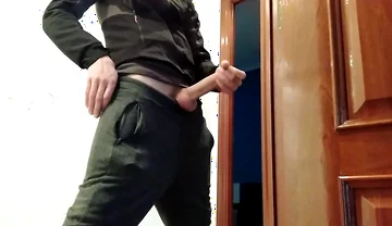 Handjob From Hot Amateur Guy with Big Cock, Shoots at the Door