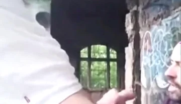 A Dude Is Jerking off in an Urban Exploration Setting and Gets Caught by a Blowjob Artist.