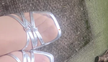 Outside with Silver Heels Cumming on Heels and Feet