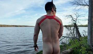 Asian Muscle God Strips Bare by the Lake - Ripped Physique on Full Display & Massive Load