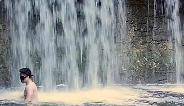 Muscular Asian Hunk Flexes in Speedo by Waterfall - Tight Ass & Hole Tease, Strips Naked & Explodes with Massive Cumshot
