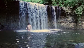 Muscular Asian Hunk Flexes in Speedo by Waterfall - Tight Ass & Hole Tease, Strips Naked & Explodes with Massive Cumshot