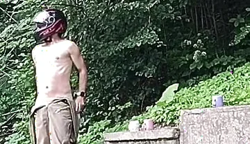 Jerking off in Public on the Road Near a Spring, Caught by a Young Man Masturbating Completely Naked
