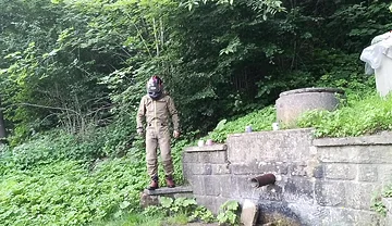 Jerking off in Public on the Road Near a Spring, Caught by a Young Man Masturbating Completely Naked