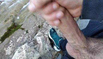 Handsome Gives Perfect Cumshot From Nice Big Hard Cock Spit in Front of River Waterfall