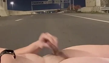 Naked Muscled Asian Walks to the Middle of an Empty Road at Night, Flexes Hard & Shoots a Massive Load