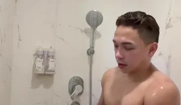 Filipino Muscle Twink Strokes His Hard Cock in Hotel Shower Until He Explodes