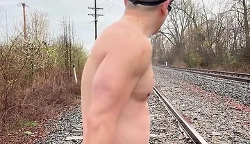 Rain-soaked Asian Muscle God in Jockstrap Bounces Pecs, Shows V-taper & Eats His Massive Load on Train Tracks