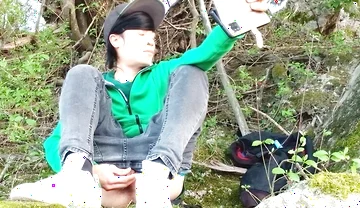 Risky Masturbation Outdoors a Man's Voice Caught This Cute Gay Twink with His Balls Hanging Out, Jerking off His Uncut Foreskin