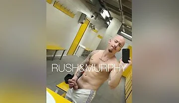 He Masturbates His Huge Cock In The Gym Showers While Muscular Straight Man Spies On Him