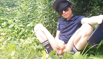 Gay Twink Jon Arteen Jerks off His Cock with an Oiled Fleshlight Outside in the Wilderness, His Cock Leaks Precum and Ejaculates