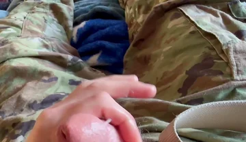Army Soldier Jerks off Wearing His Sarge's Red and White Boxers and Shoots a Hot Load of Cum!