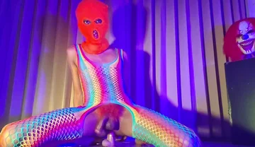 Orange Balaclava Mask Sissy Trans Dyed Pubic Hair Fuck Myself with Dildo