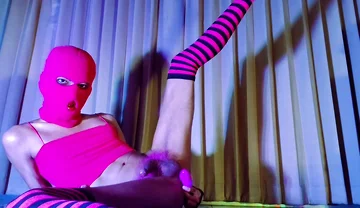 Pink Balaclava Mask Sissy Dyed Pubic Hair Play with a Vibrator