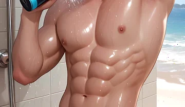 Soft Kawaii Boy in Beach Shower with Pastel Pink Hair