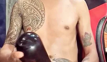 Pinoy Horny Inked Twink Playing with His Masturbator Toy