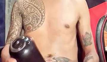 Pinoy Horny Inked Twink Playing with His Masturbator Toy