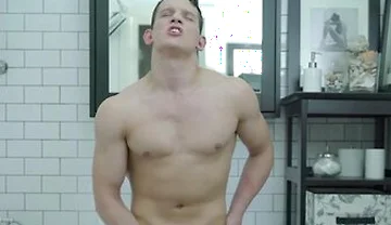 Skinny Brunette Luke A Strokes His Hard Cock On The Shower!