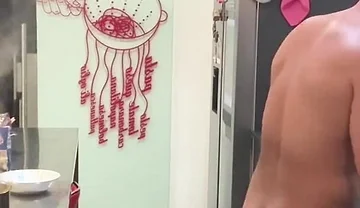 Nude Italian Chef Cooking Spaghetti