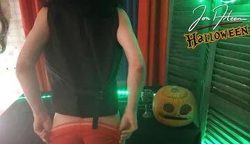 Twink Devil Jon Arteen Does Halloween Striptease, Crossdresses, Shows His Smooth Ass, Strokes His Glans, Jerks off Cock