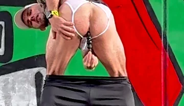 Sporty Guy in Lingerie Thong Exposing Outside