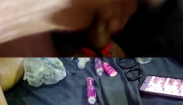Masterbating with Cock Rings in Two Screens