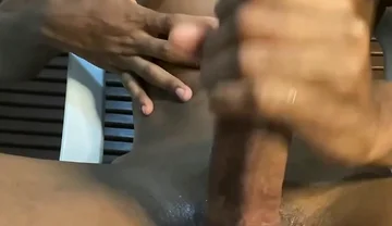 Slim Black Guy Sitting Shaved Uncut BBC Saliva Handjob Nipple Play Until Juicy Cumshot Black20one