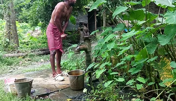 Tha naked Indian mature man shower in open place and showing body and dick..